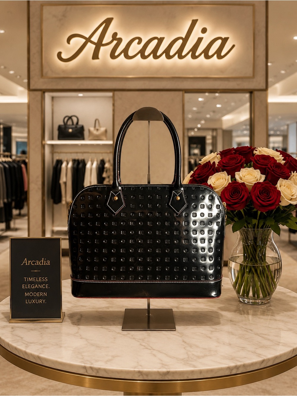 Arcadia Black Patent Leather Tote with Subtle Red Trim